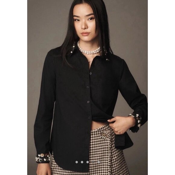 Anthropologie Maeve Embellished Long Sleeve Button Down Shirt Black Size 2 NWT